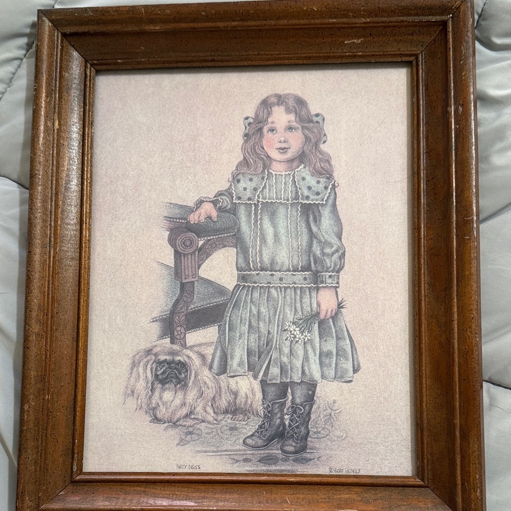 Vintage Framed Girl and Dog Art Print